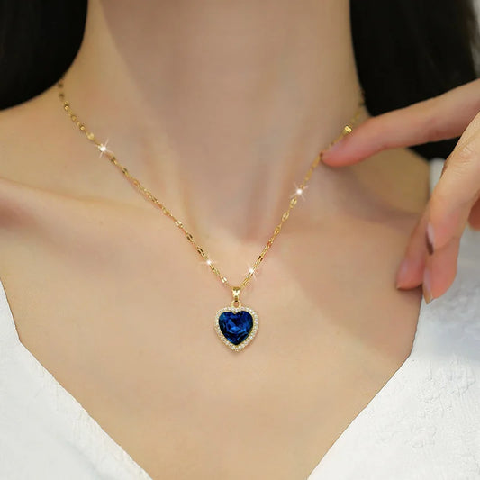 “Women’s 316L Stainless Steel Heart Pendant with Big Blue Zircon Stylish Gift”