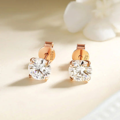 “Rose gold moissanite stud earrings, 0.2-3CT, 925 silver, perfect for weddings.”