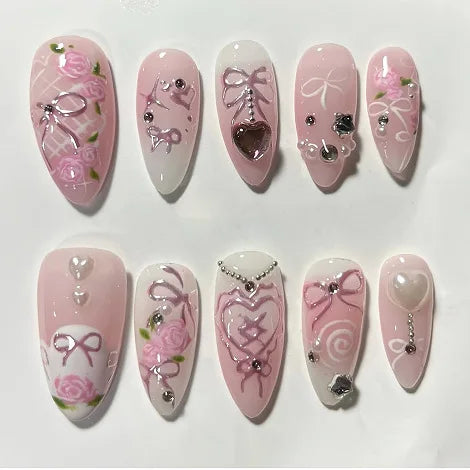 “24Pcs Matte Almond Press-On Nails – Autumn Winter Rose Leaf Design, Full Cover with Glue”