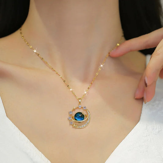 “Exquisite Starry Sky Planet Necklace – Luxurious Stainless Steel Clavicle Chain with Stars & Moon Design”