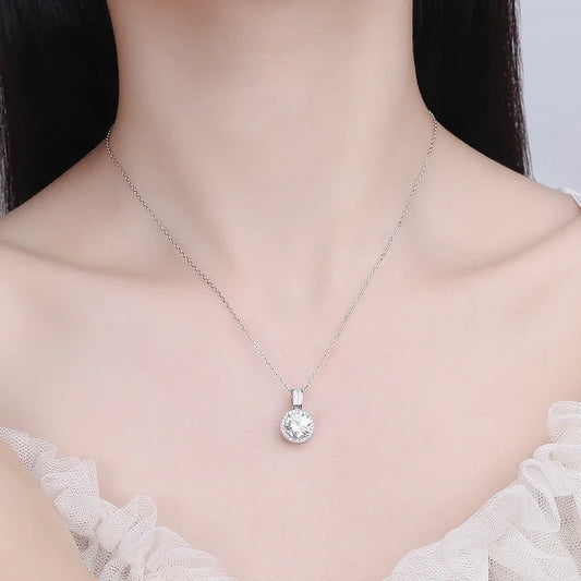 “2-carat moissanite necklace, sterling silver, white gold plated, elegant wedding jewelry.”