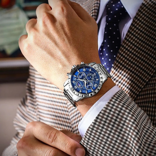 “Luxury men’s quartz sports watch, waterproof, luminous, stainless steel chronograph.”