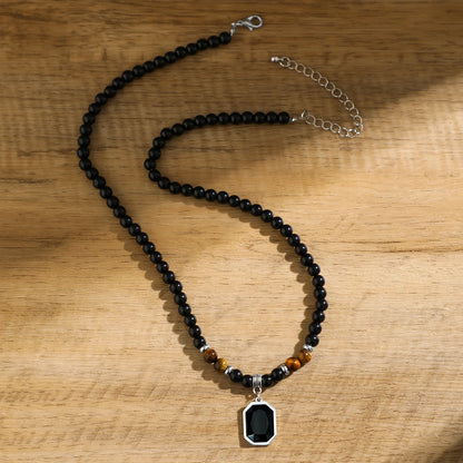 “Black Beads with Square Pendant Necklace for Men - Trendy Fashion Jewelry.”