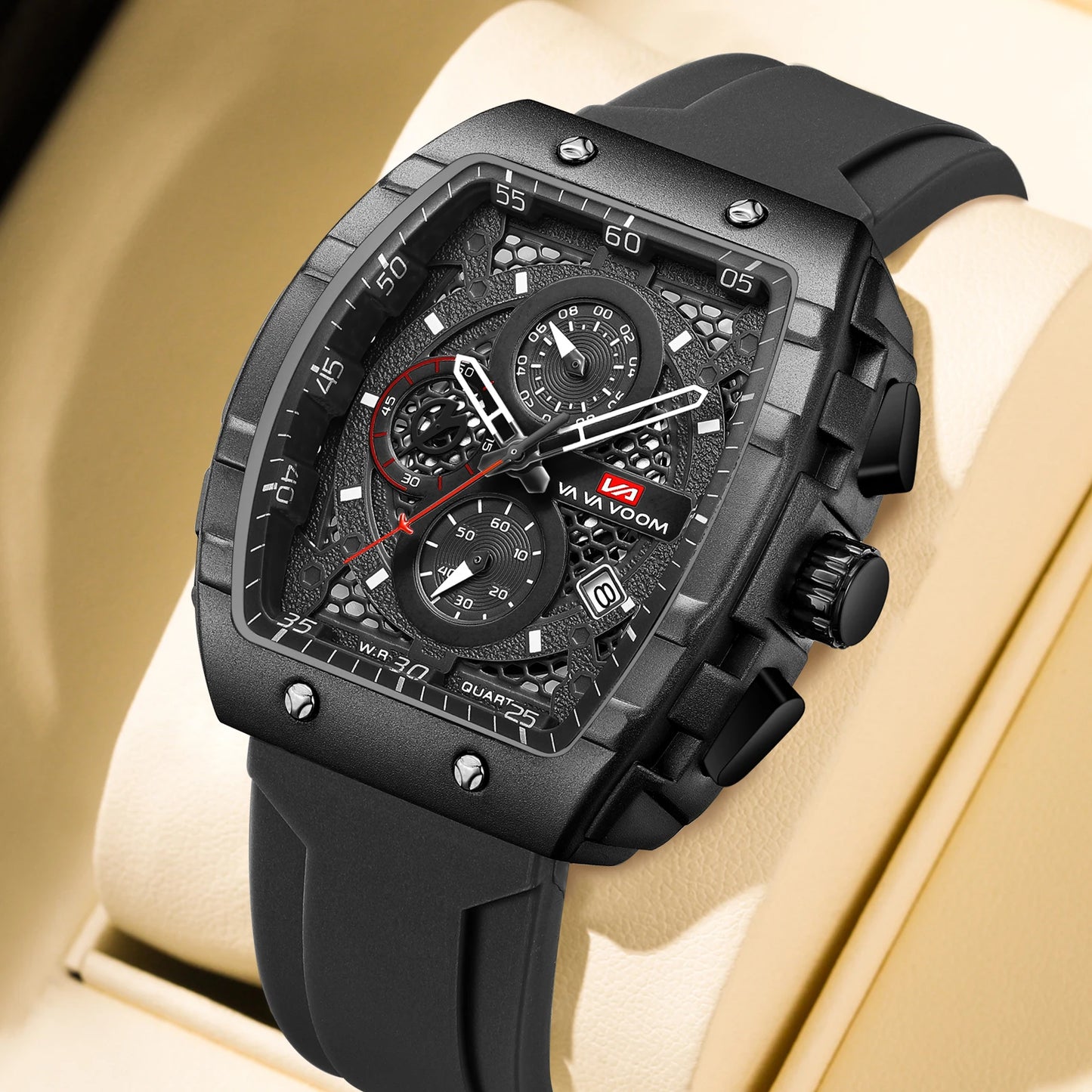 “Men’s multifunctional watch with quartz movement, blue dial, silicone strap, casual fashion.”