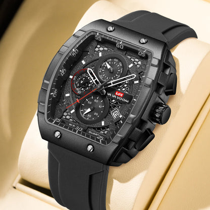 “Men’s multifunctional watch with quartz movement, blue dial, silicone strap, casual fashion.”