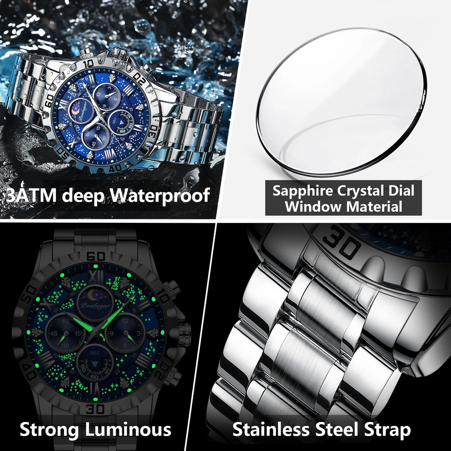 “Luxury men’s quartz sports watch, waterproof, luminous, stainless steel chronograph.”