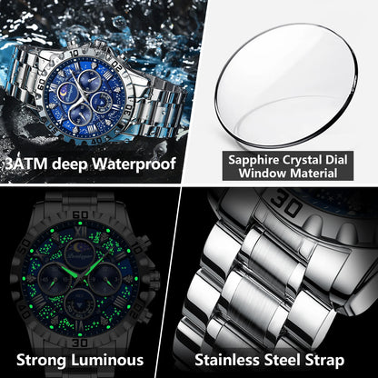 “Luxury men’s quartz sports watch, waterproof, luminous, stainless steel chronograph.”