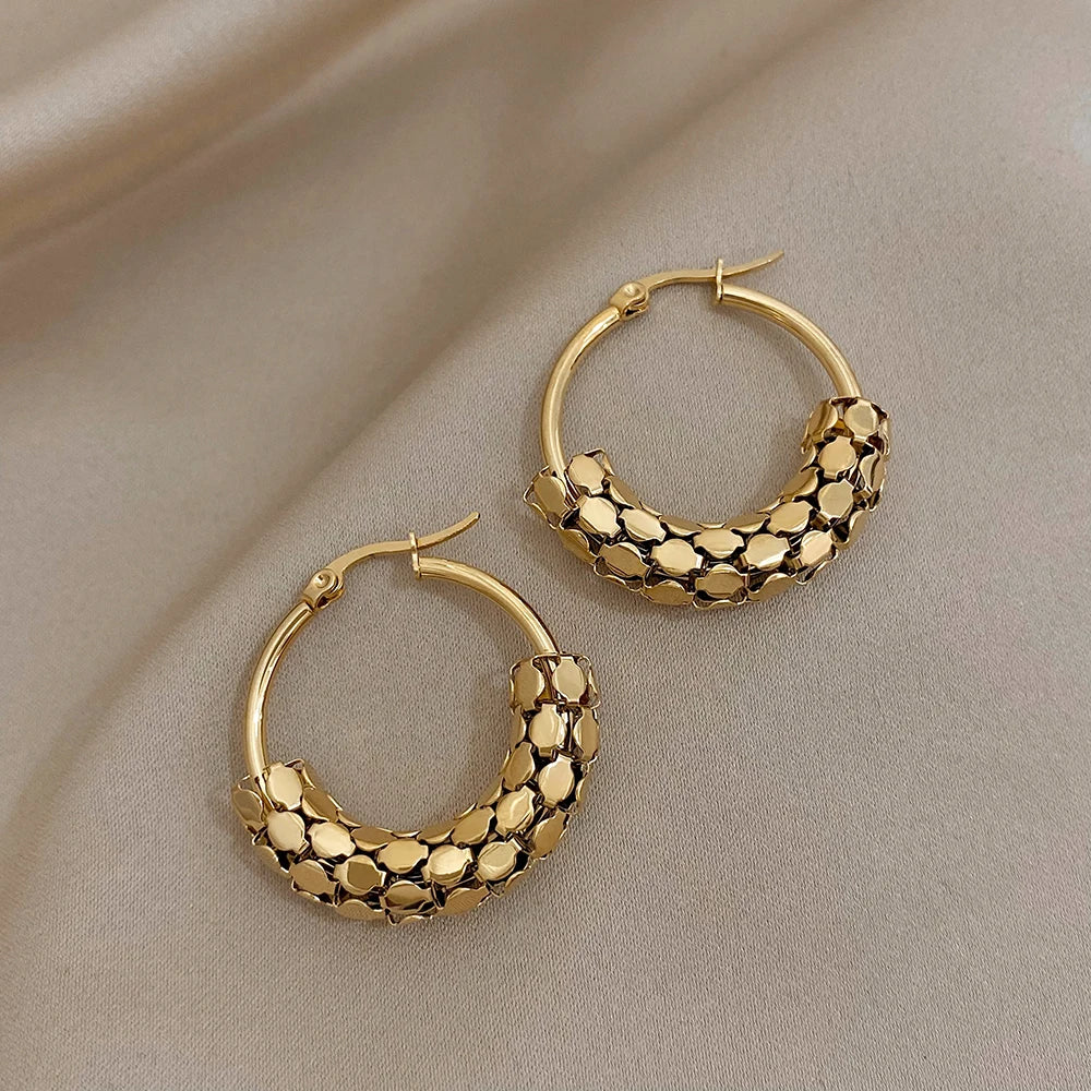 “Stainless steel gold geometric mesh hoop earrings, trendy stylish jewelry gift women.”