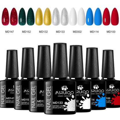 “7-piece gel polish set for DIY nail art, long-lasting soak-off UV gel.”