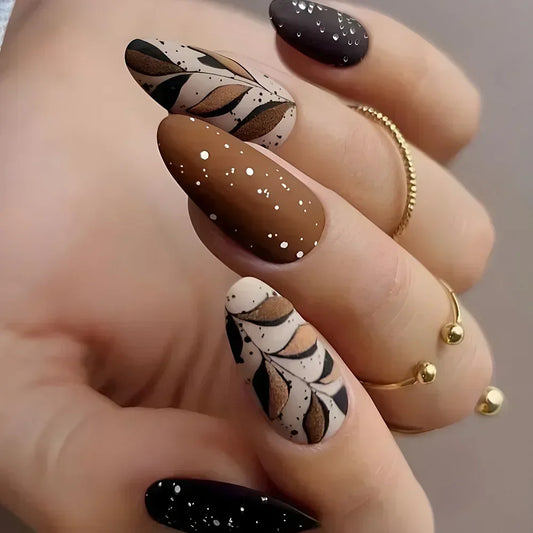 “24Pcs Matte Almond Press-On Nails – Autumn Winter Rose Leaf Design, Full Cover with Glue”