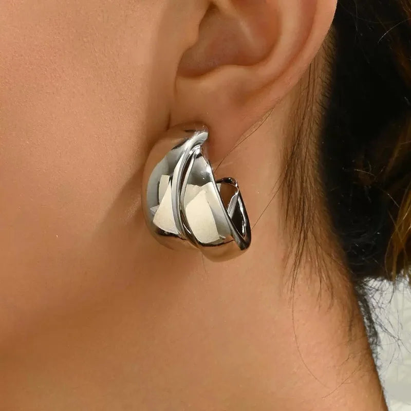“Stainless Steel Chunky Hoop Earrings - Gold Double Ring Geometric Design.”