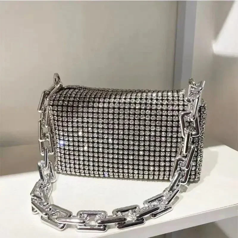 “Glitter rhinestone bucket bag with chain, mini crossbody purse for women.”