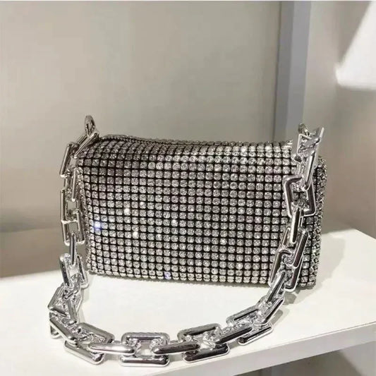 “Glitter rhinestone bucket bag with chain, mini crossbody purse for women.”