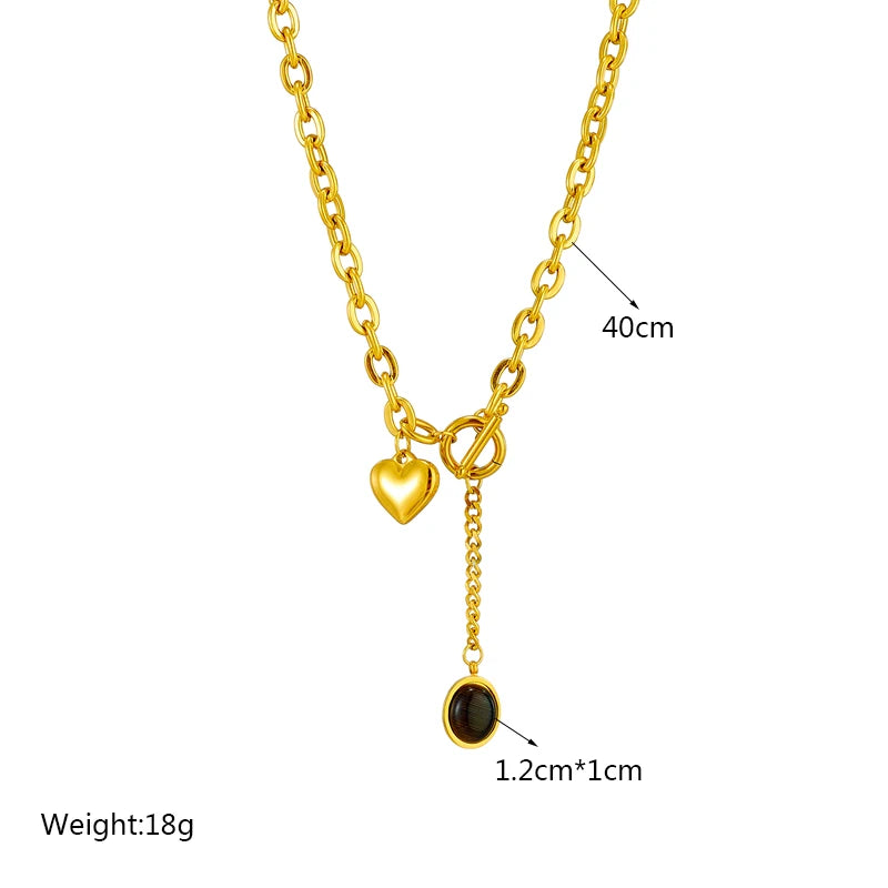 “316L Stainless Steel Necklace with Black Heart Pendant, Trendy OT-Buckle Chain.”