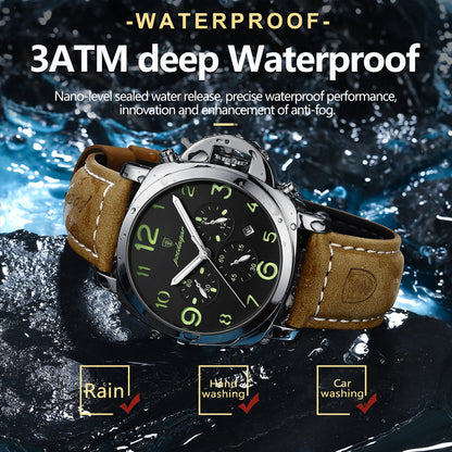 “Luxury military men’s watch, waterproof, luminous, leather strap, quartz, high quality.”