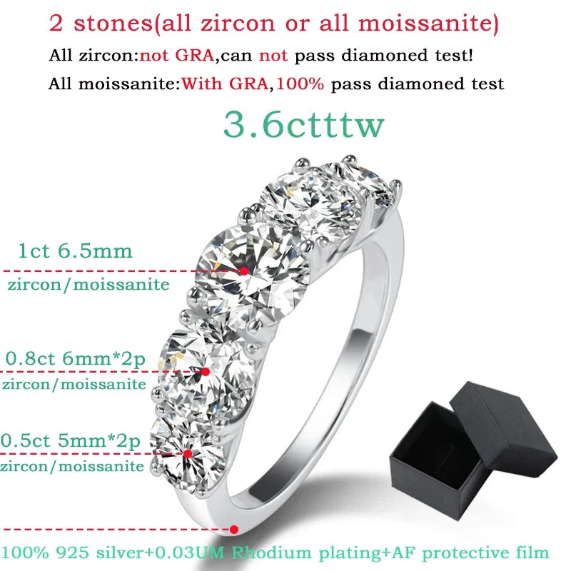 “18k plated 3.6CT moissanite ring, 5 stones, 925 silver, GRA certified wedding band.”