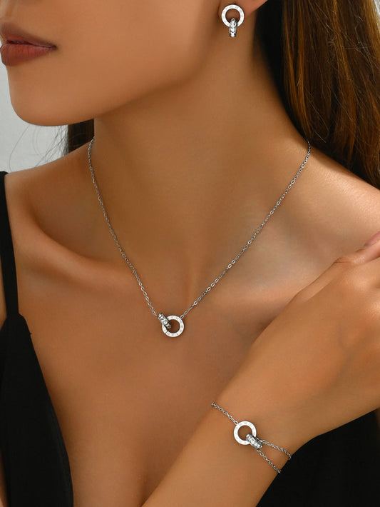 “Roman Style Jewelry Set – Double Ring Necklace, Bracelet & Earrings for Women”