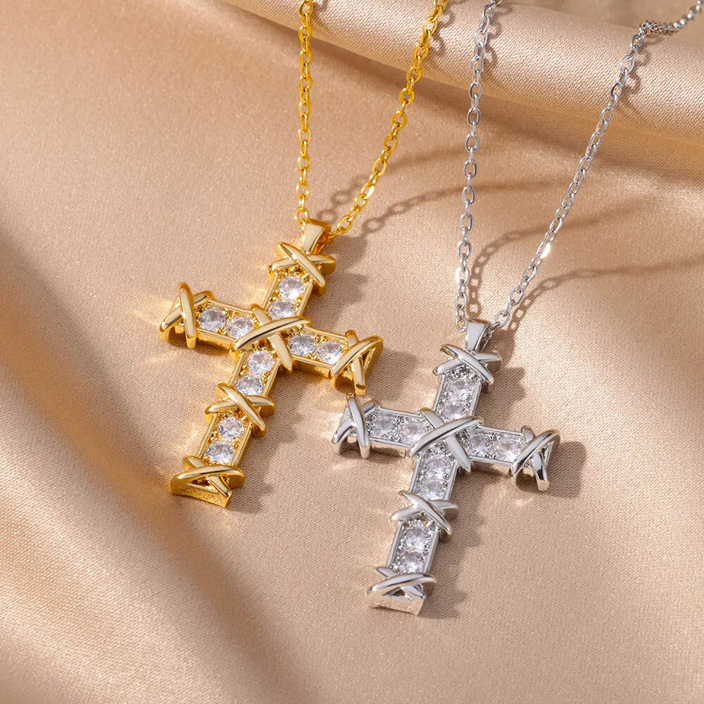 “Zircon Cross Pendant Necklace for Women - Gold Stainless Steel Jewelry.”