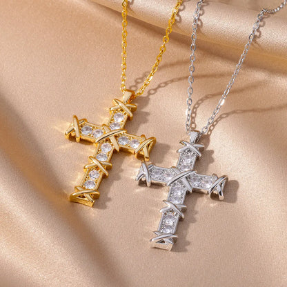 “Zircon Cross Pendant Necklace for Women - Gold Stainless Steel Jewelry.”