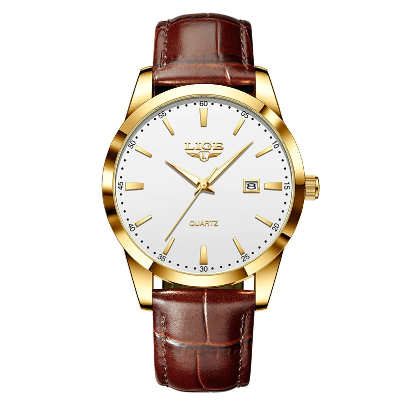 “Brown leather men’s military sports watch, waterproof, casual quartz chronograph.”