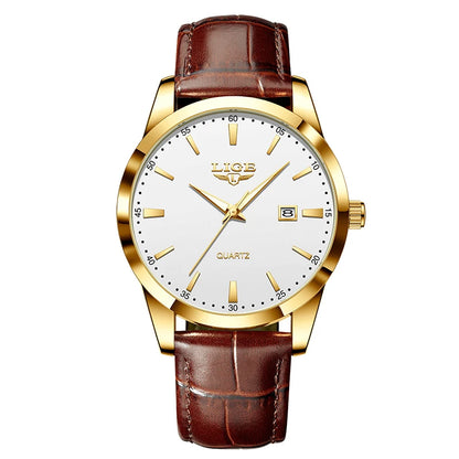 “Brown leather men’s military sports watch, waterproof, casual quartz chronograph.”