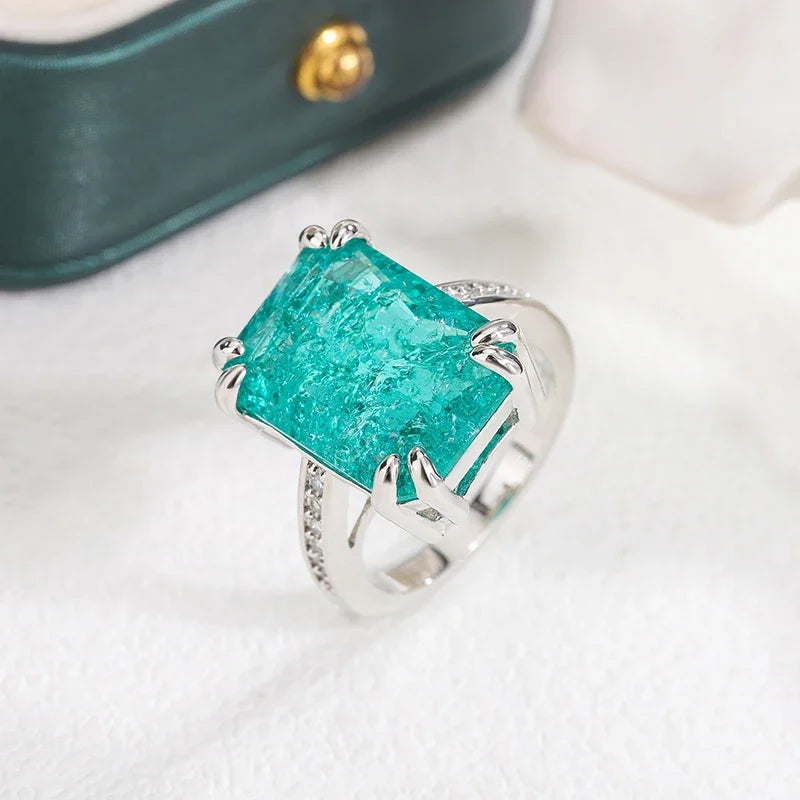 “925 Silver Plated Blue Green Moissanite Ring, Fire Sparkling, Luxury Party Birthday Jewelry.”