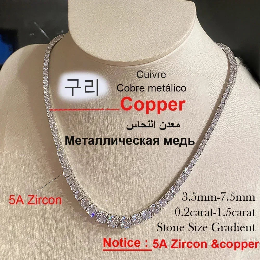 “Moissanite tennis necklace, 3-5mm gradient stones, 925 silver, certified luxury design.”
