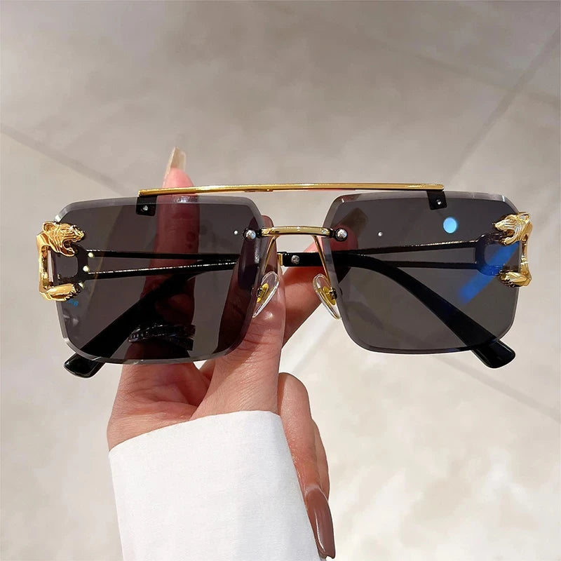 “Retro frameless unisex sunglasses, nickel double-layer design, UV400 protection.”