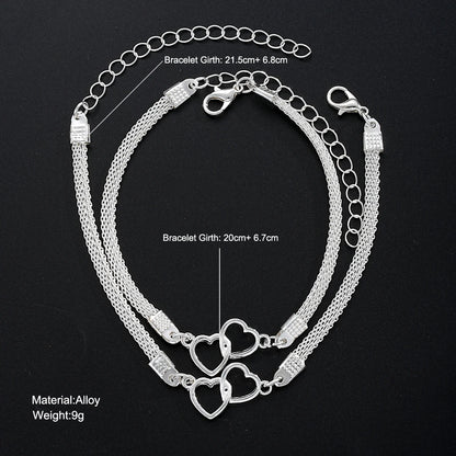 “2 Pcs Love Heart Couple Bracelets, Silver Double Layer Matching Chain Jewelry Gift.”
