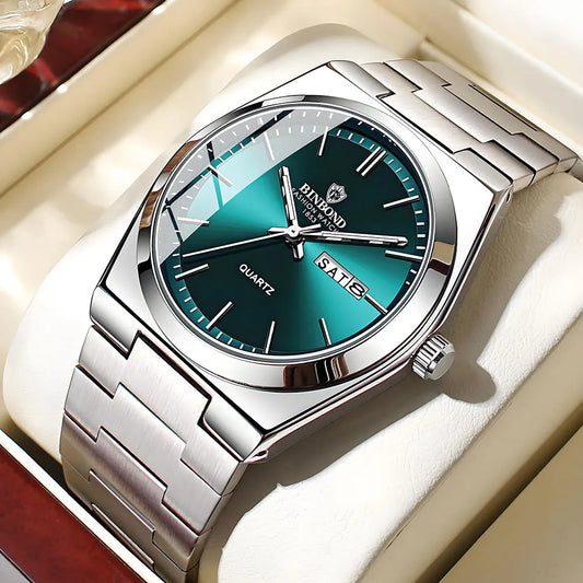 “Luxury stainless steel men’s watch, waterproof, double calendar, quartz movement.”