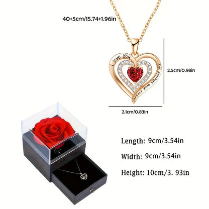 “Luxury Red Zircon Pendant Necklace with Rose Box - Trendy Wedding Jewelry.”