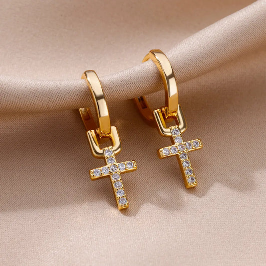 “Zircon Cross Dangle Earrings for Women, Stainless Steel, Trending Wedding Jewelry.”