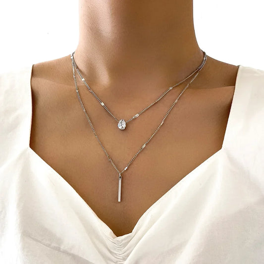 “Fashion Multi-Layer Necklace for Women - Crystal Water Drop Pendant, Gold/Silver Color Choker.”