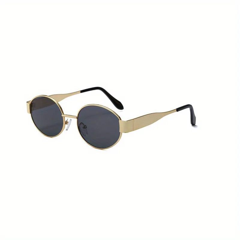 “Oval sunglasses with metal frame, trendy unisex design, classic shades.”