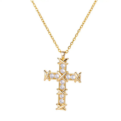 “Zircon Cross Pendant Necklace for Women - Gold Stainless Steel Jewelry.”
