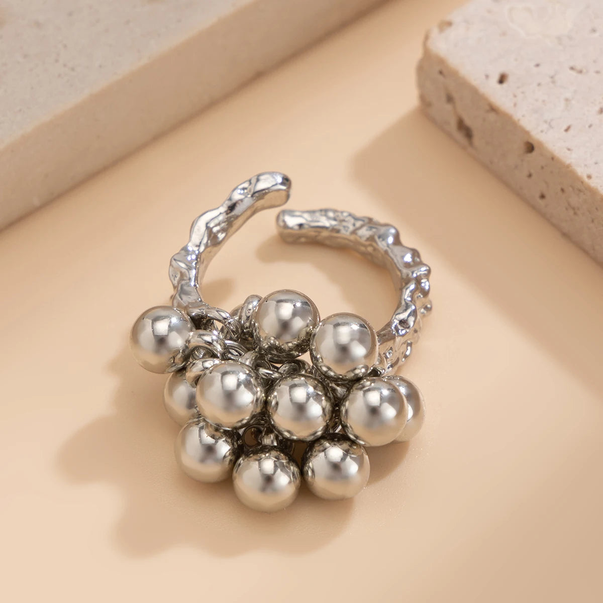 “IngeSight.Z creative CCB small ball ring for women and men, irregular metal open ring, trendy punk couple jewelry.”