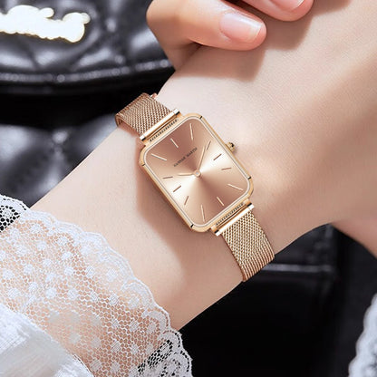 “Square Women’s Stainless Steel Mesh Strap Watch, Rose Gold, Japanese Movement, Fashion.”