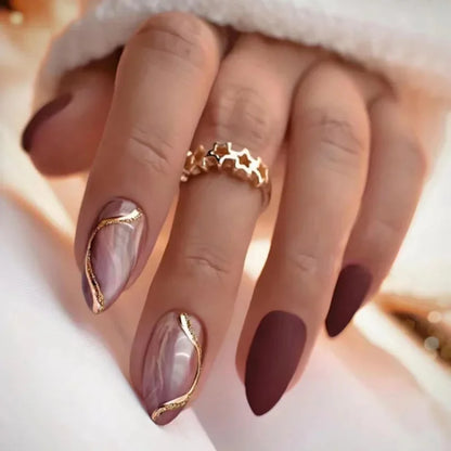“24Pcs Matte Almond Press-On Nails – Autumn Winter Rose Leaf Design, Full Cover with Glue”