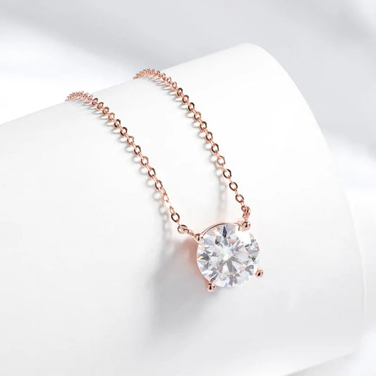 “Rose gold moissanite necklace, sparkling D color, 925 sterling silver pendant.”