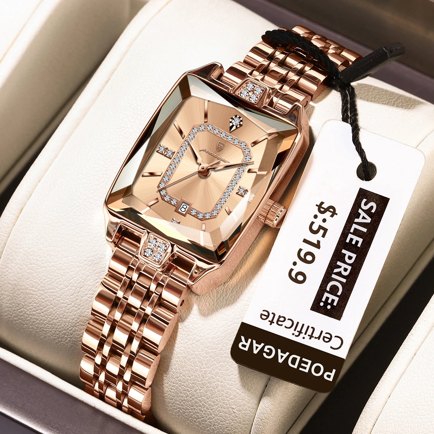“Elegant waterproof women’s wristwatch, stainless steel, quartz, date display, stylish rectangle design.”