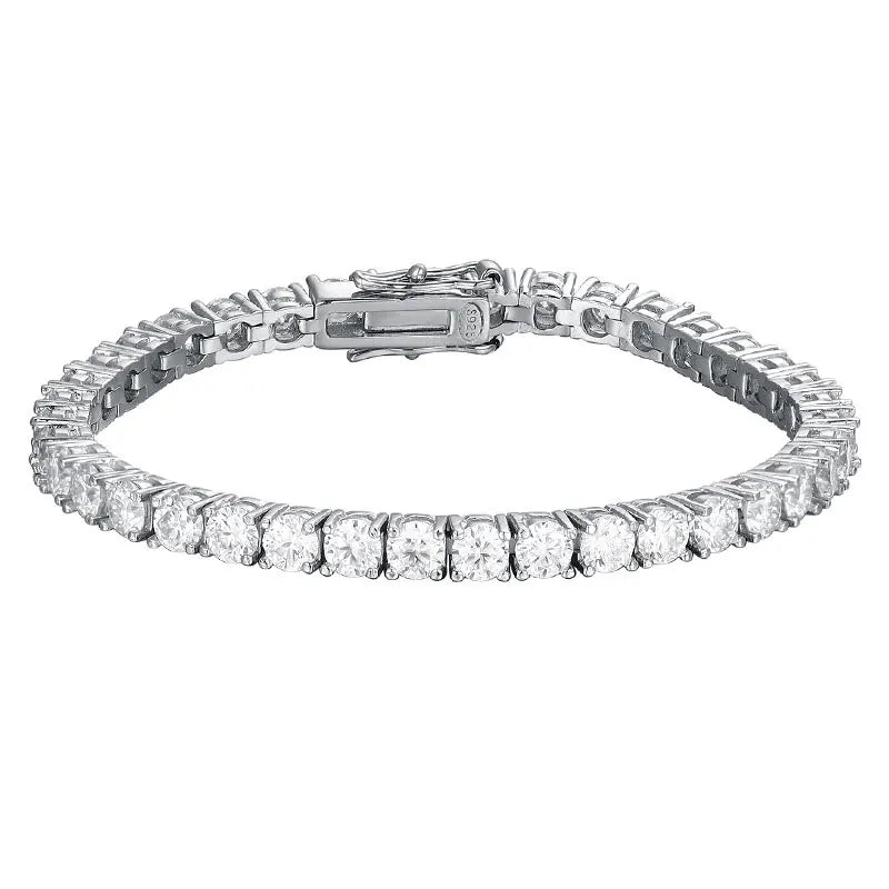“Moissanite Tennis Bracelet, Sterling Silver, White Gold Plated, Sparkling Party Jewelry.”