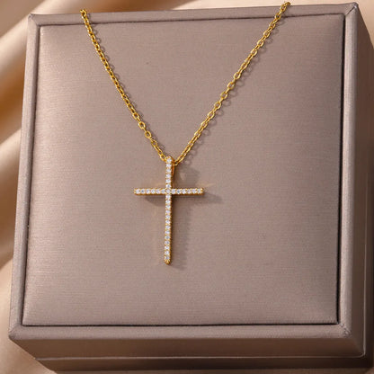 “Zircon Cross Pendant Necklace for Women - Gold Stainless Steel Jewelry.”