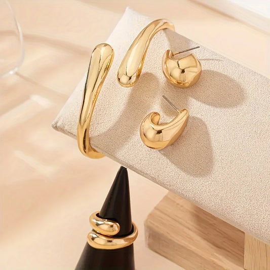 “Punk Water Drop Shaped Bracelet, Ring & Earring Set – Smooth, Versatile Fashion Jewelry for Women”