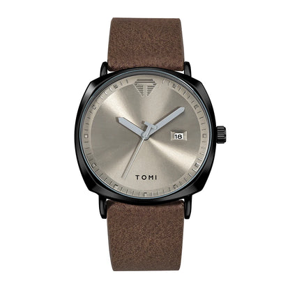 “Minimalist men’s sports watch with calendar, leather strap, casual quartz movement.”