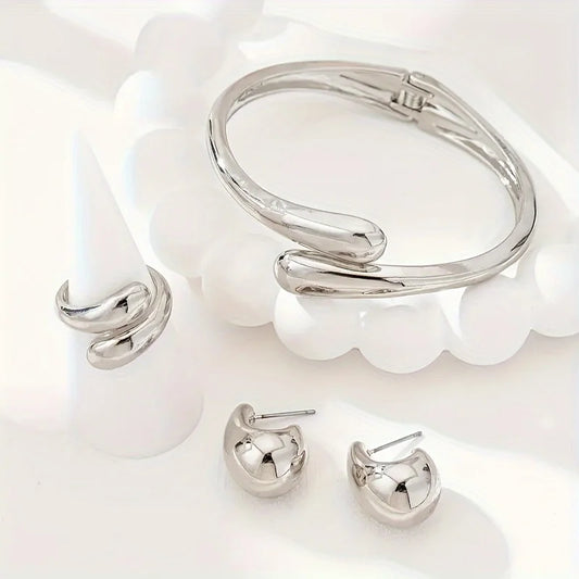 “Punk Water Drop Shaped Bracelet, Ring & Earring Set – Smooth, Versatile Fashion Jewelry for Women”