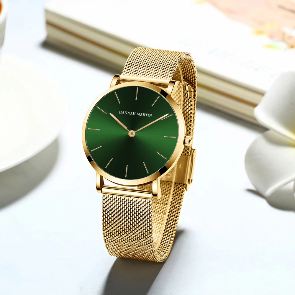 “Rose gold women’s bracelet watch, stainless steel mesh, simple, Japanese quartz.”
