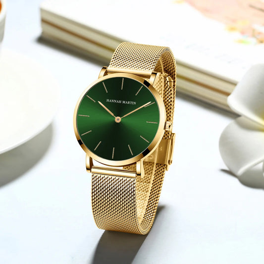 “Rose gold women’s bracelet watch, stainless steel mesh, simple, Japanese quartz.”