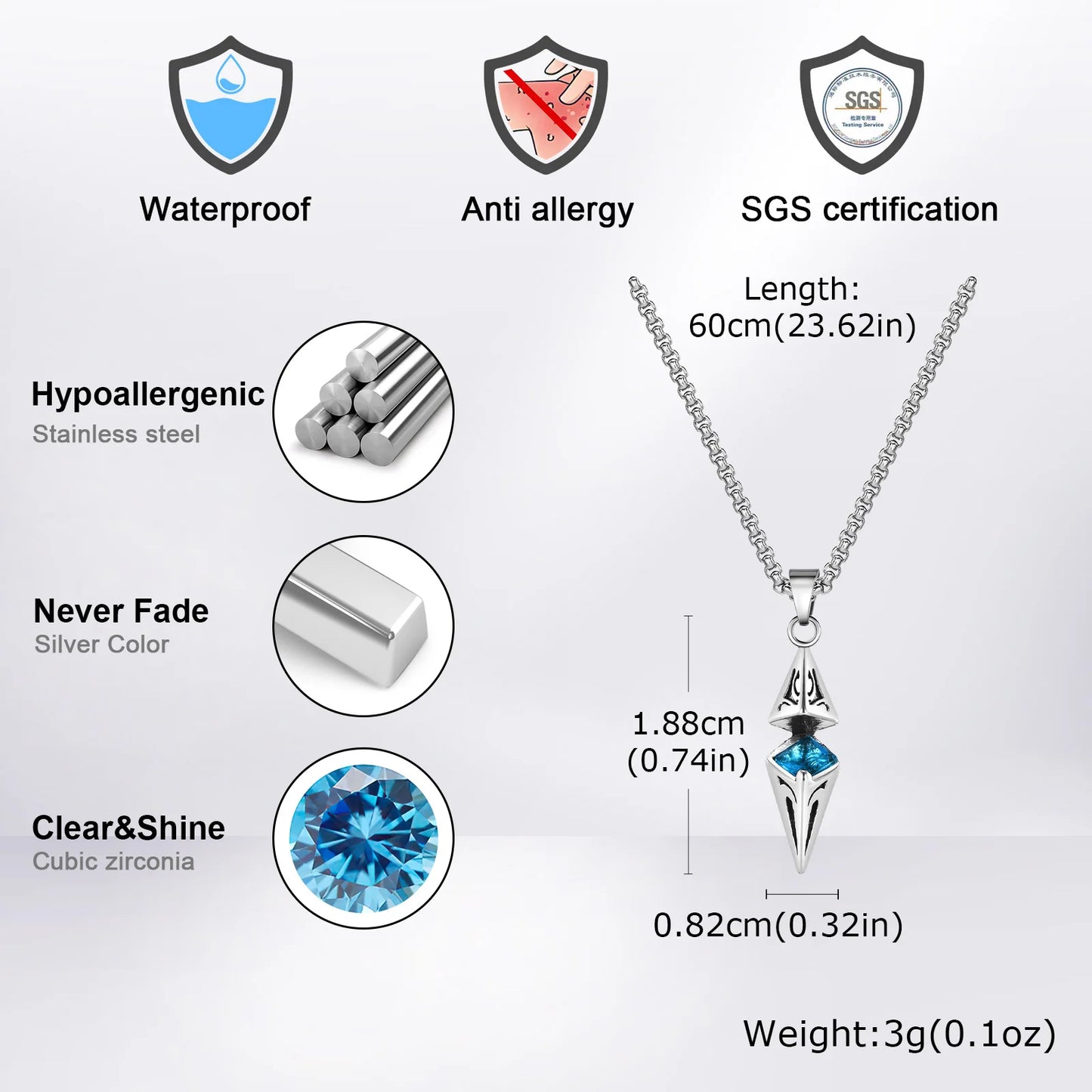 “Stylish Blue Stone Necklace for Men & Women - Stainless Steel Geometric Pendant.”
