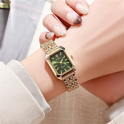 “Luxury Ladies’ Fashion Quartz Watch - Gold-Plated Square Design, Stainless Steel Strap.”