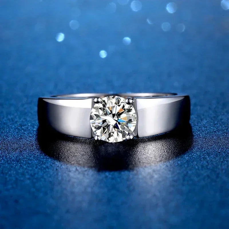 “2-carat D color moissanite men’s wedding band, 925 sterling silver, GRA certified.”